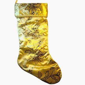 Gold Metallic Christmas Stocking Satin Poinsettia Floral Elegant Holiday Decor